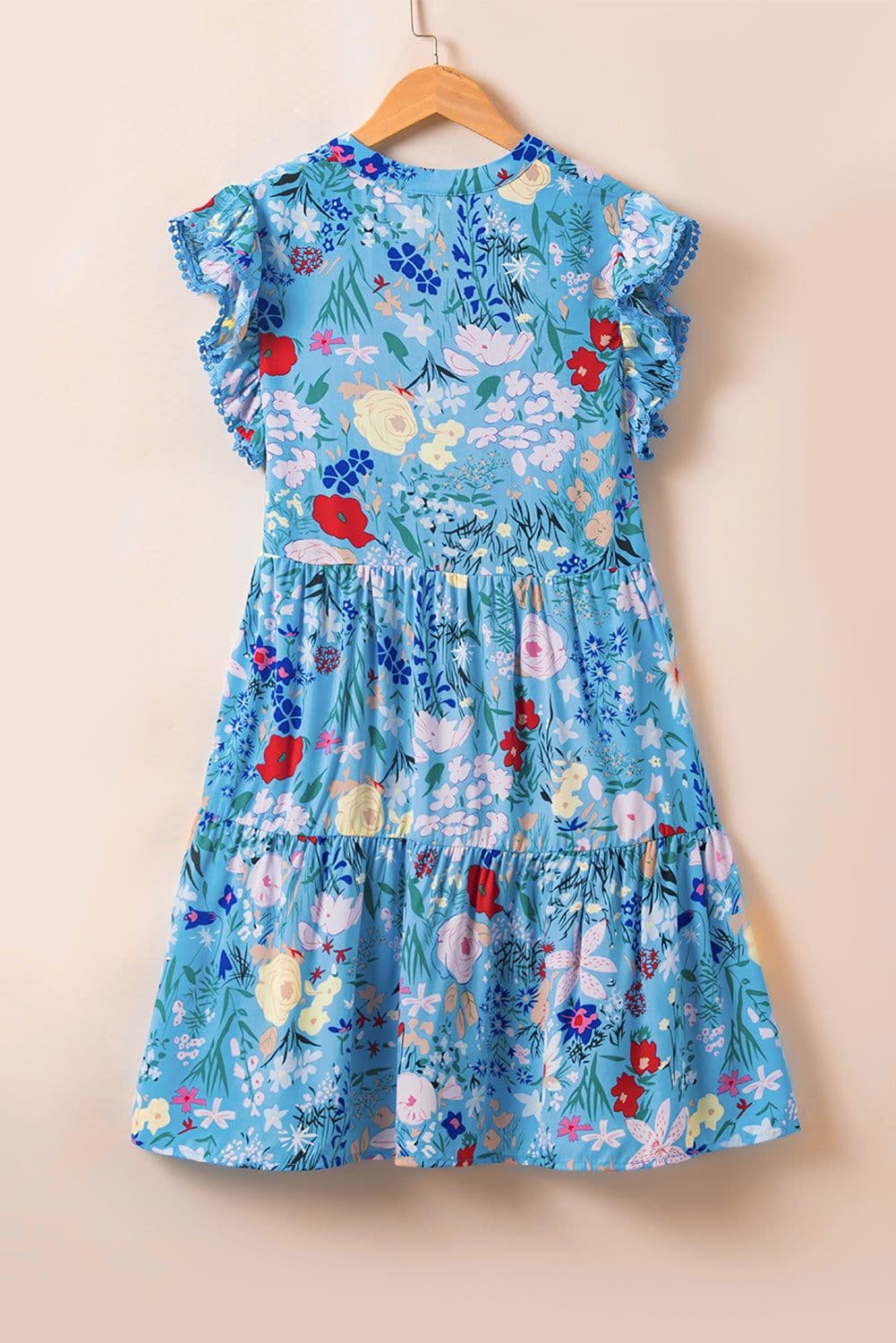 image-Sky Blue Floral Flutter Sleeve V Neck Ruffled Dress