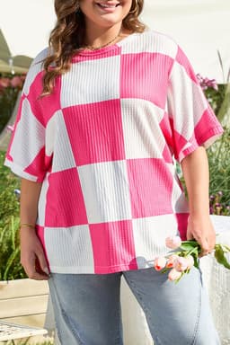 image-Plus Size Checkerboard Textured T-Shirt - White Round Neck
