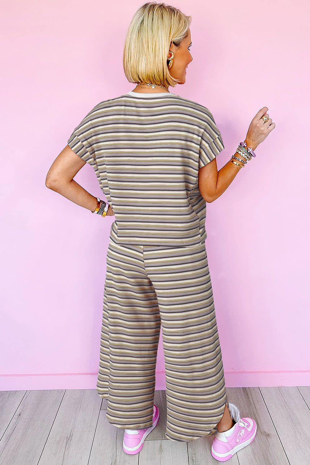 image-Pink Stripe Rainbow Tee Wide Leg Pants Set