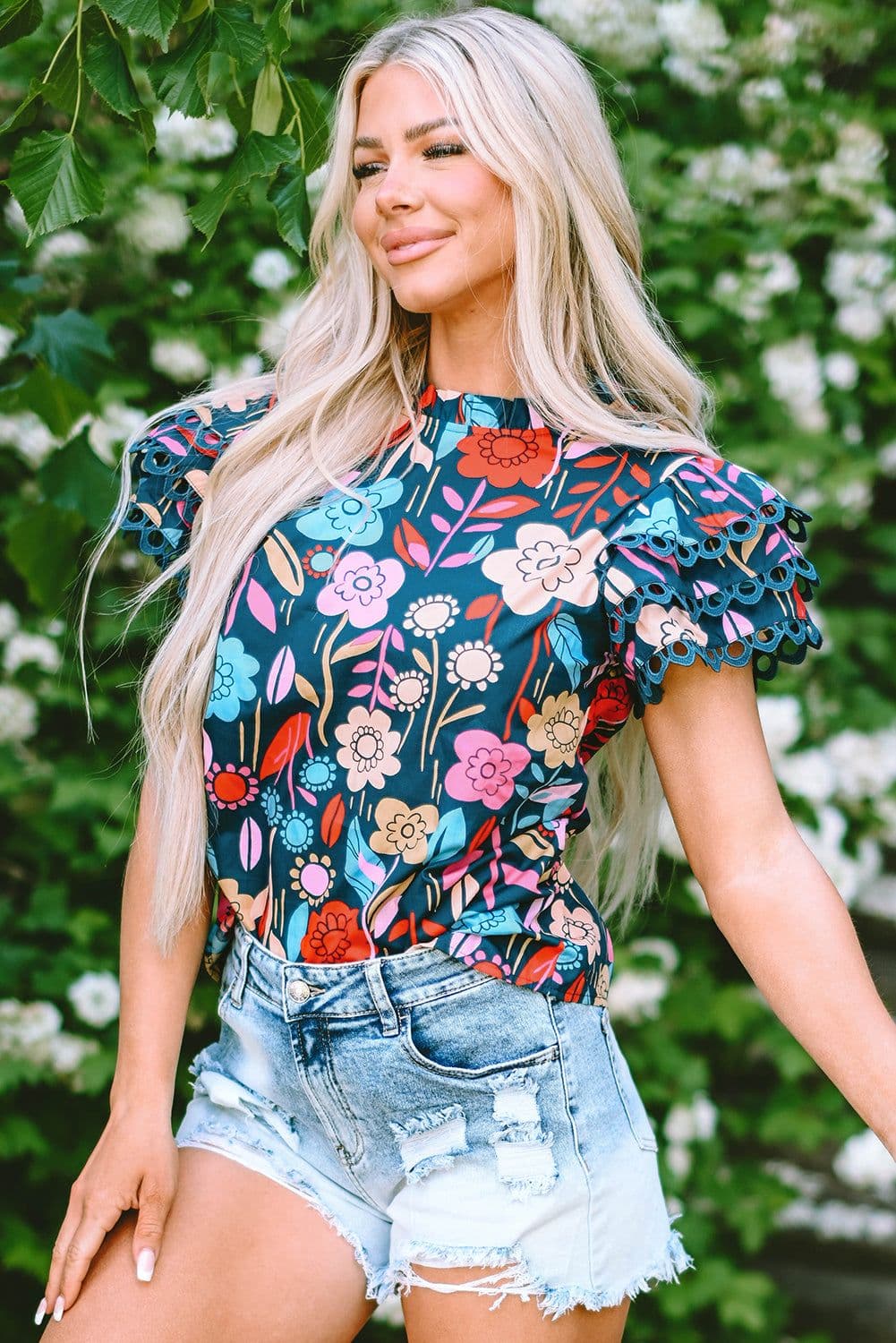 image-Floral Blouse - Green Trimmed Ruffle Sleeves Summer Top - Sizes Available