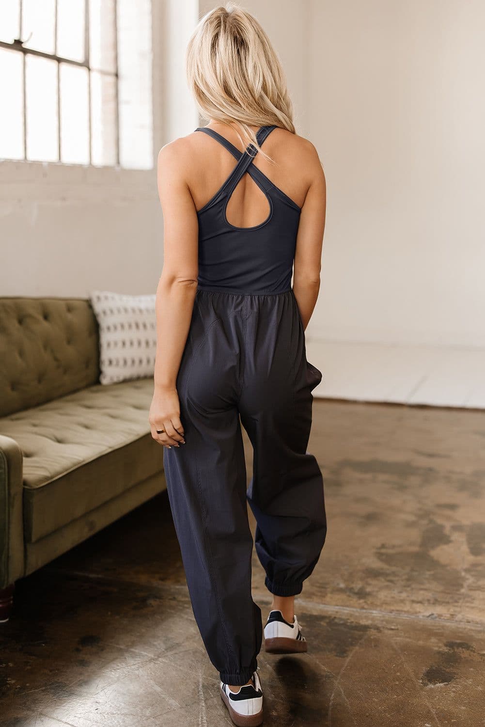 image-Carbon Grey Hollow Out Jogger Jumpsuit with Crossed Straps