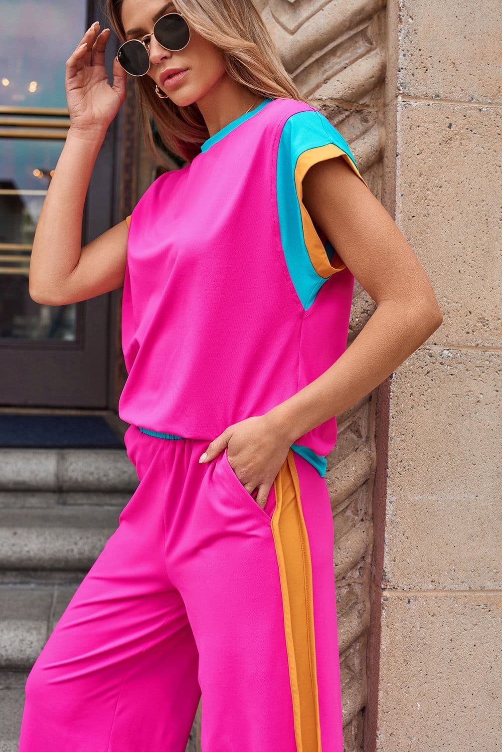 image-Strawberry Pink Color Block Two-Piece Set