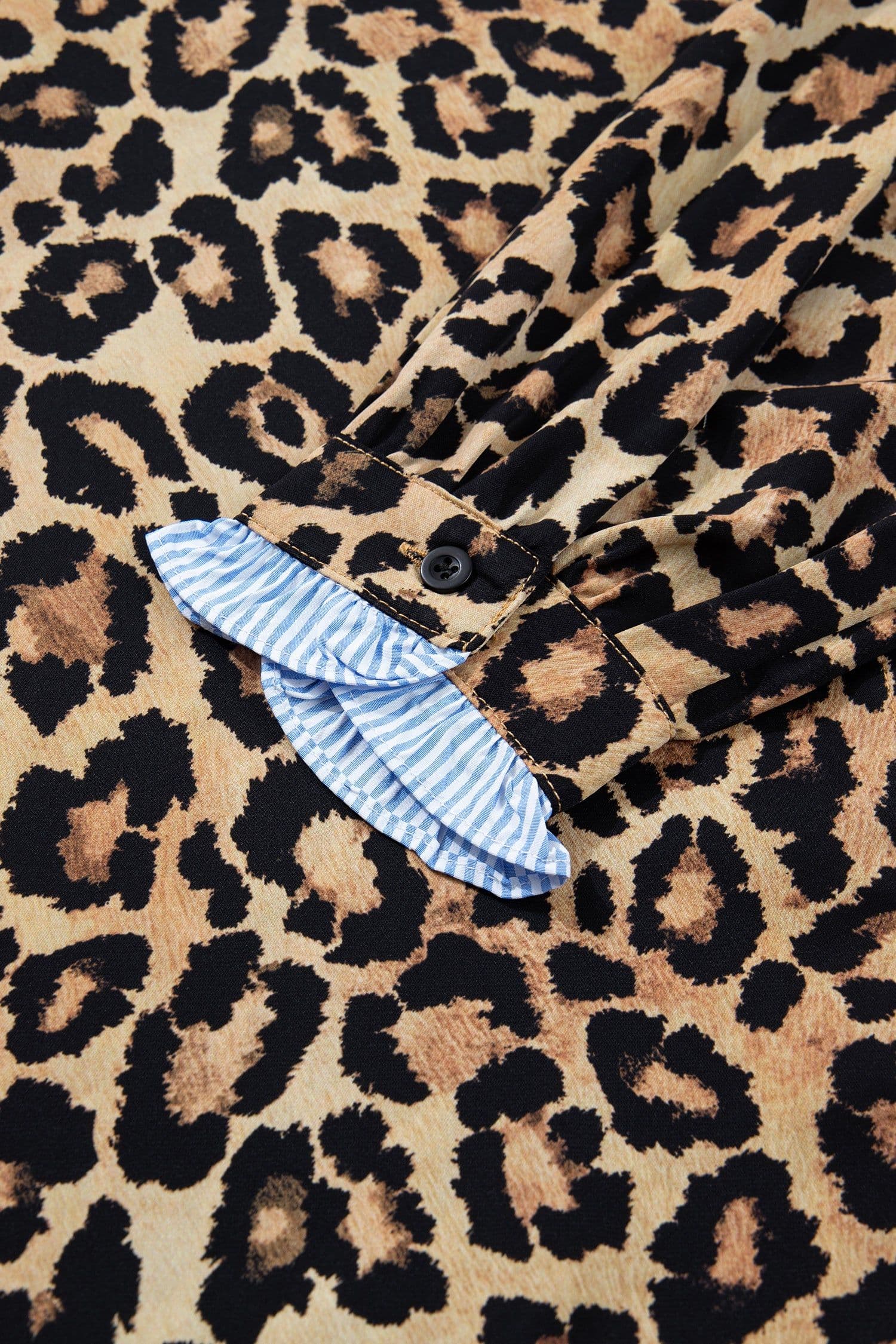 image-Brown Wild Leopard Print Contrast Striped Frilled Trim Chic Shirt