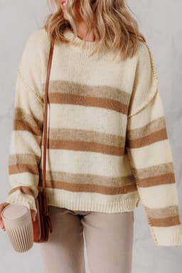image-Khaki Stripe Knit Sweater - Drop Shoulder Exposed Seam