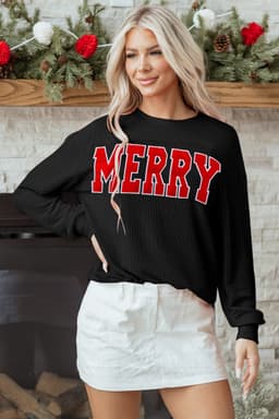 image-Blackish Green Twisted Rib Outlined Merry Letter Graphic Loose Long Sleeve Top