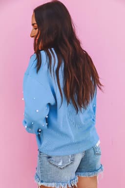 image-Blossom Pearled Sleeves Drop Shoulder Pullover Sweatshirt