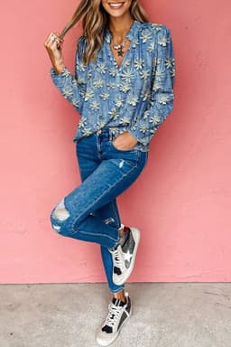 image-Sky Blue Fall Floral Half Placket Collared V Neck Blouse