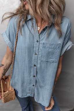 image-Dusk Blue Denim Shirt Short Sleeve Patched Pocket