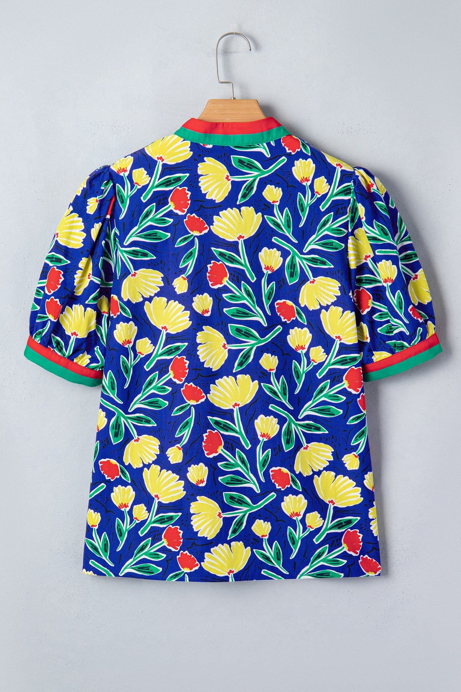 image-Blue Wild Floral Printed Contrast Striped Patchwork V Neck Short Sleeve Blouse