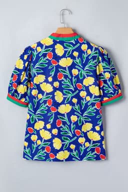 image-Blue Wild Floral Printed Contrast Striped Patchwork V Neck Short Sleeve Blouse