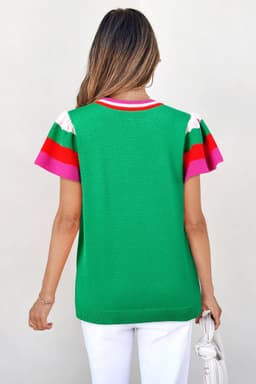image-Bright Green Shiny Lucky Striped Flutter Sleeve Round Neck Sweater
