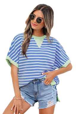 image-Sky Blue Stripe Top - Loose Short Sleeve Contrast Trim - Sizes Available