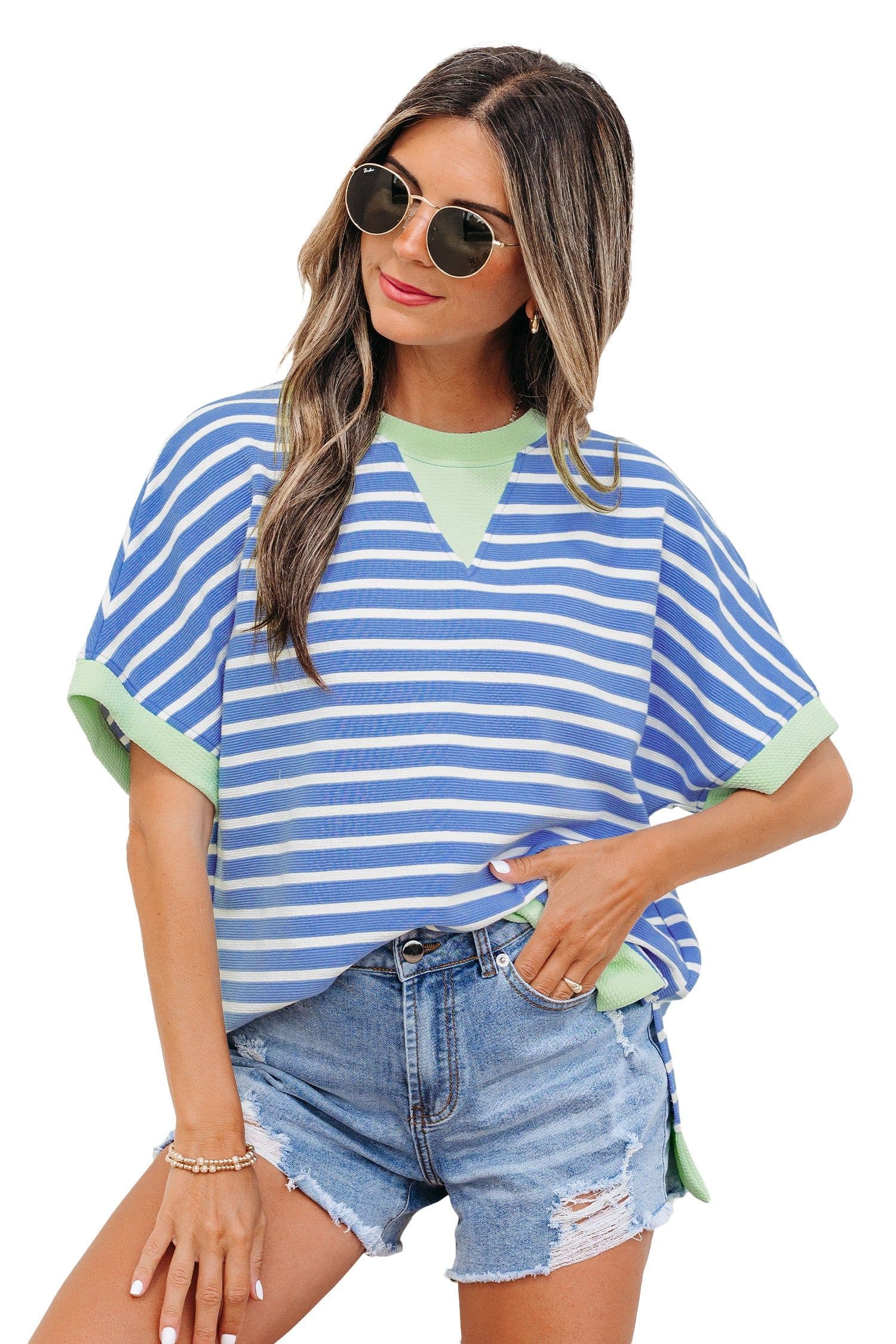 image-Sky Blue Stripe Top - Loose Short Sleeve Contrast Trim - Sizes Available