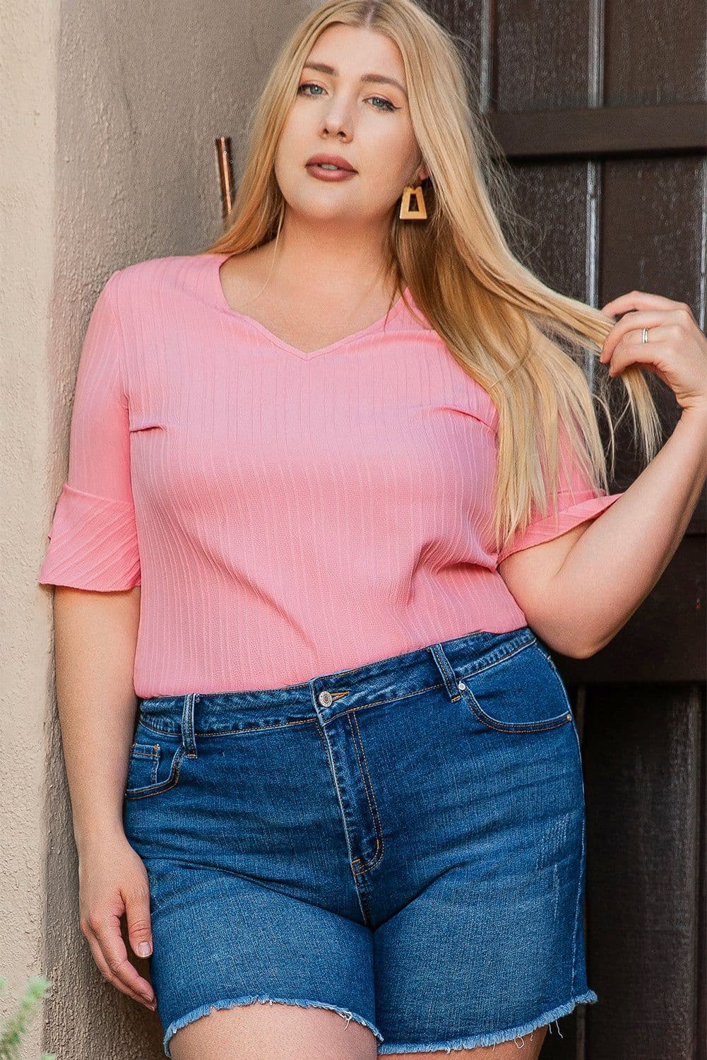 image-Peach Blossom Ruffled V Neck Textured Plus Size Top