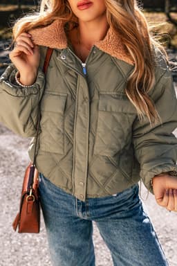 image-Jungle Green Teddy Collar Flap Pockets Quilted Puffer Jacket
