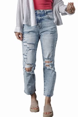 image-Sky Blue Light Wash Frayed Slim Fit High Waist Jeans