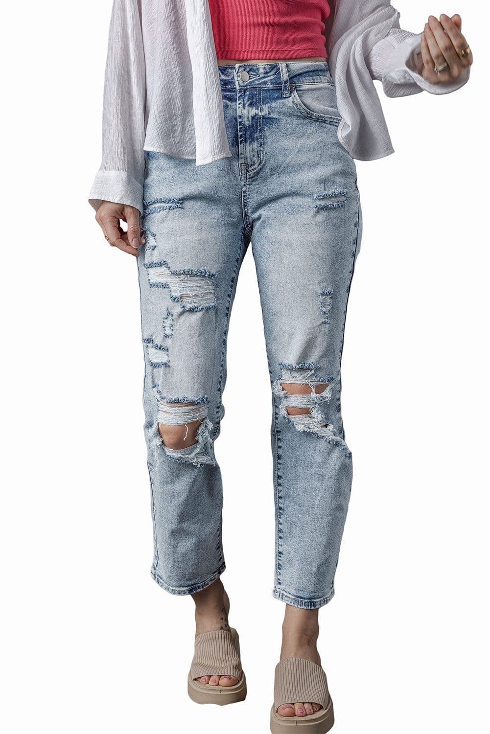 image-Sky Blue Light Wash Frayed Slim Fit High Waist Jeans