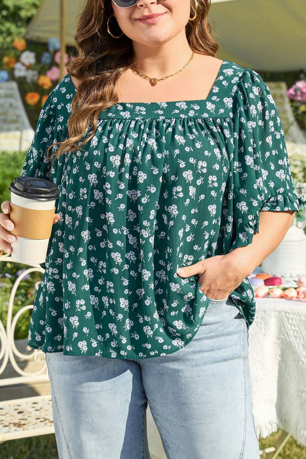 image-Plus Size Floral Print Blouse - Green Ruffled Square Neck