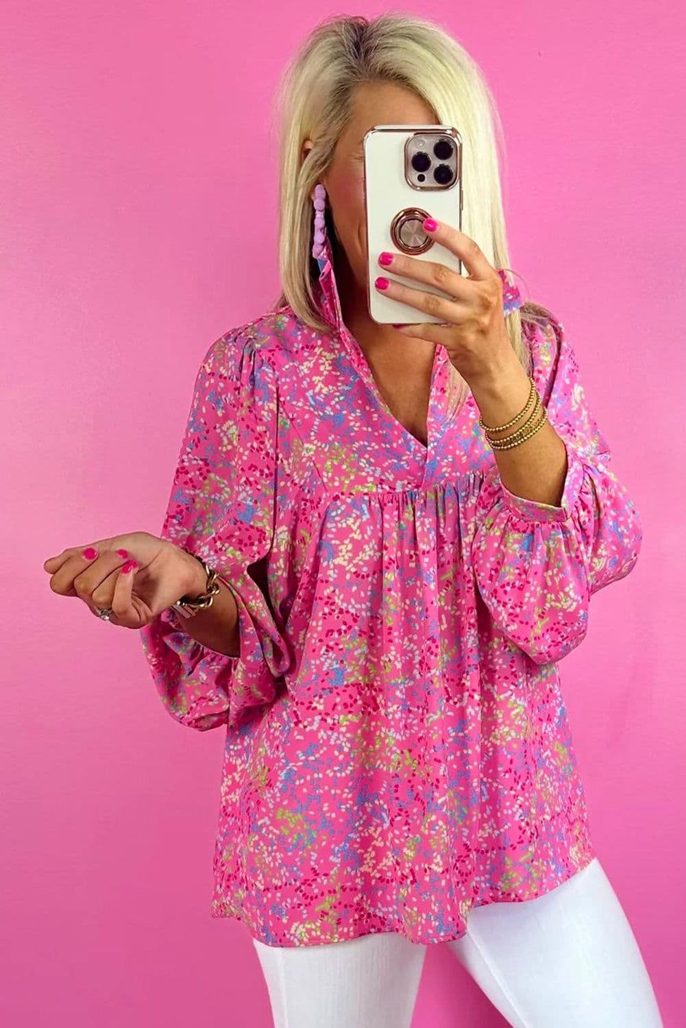 image-Bonbon Abstract Print Collared V Neck Babydoll Blouse
