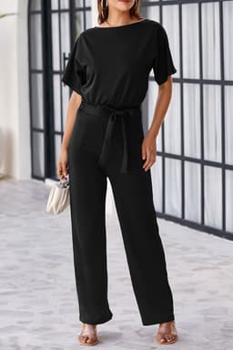 image-Black Belted Wide Leg Jumpsuit