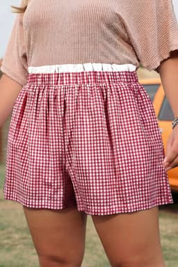 image-Red Contrast Trim Plaid Print Plus Size Shorts