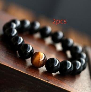 image-Natural Black Onyx With Stone Tiger Eyes Energy Bracelet