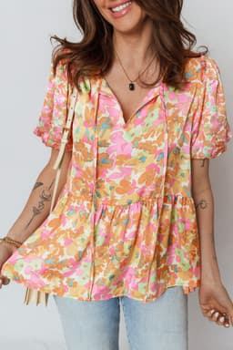 image-Orange Split V Neck Short Sleeve Flower Blouse