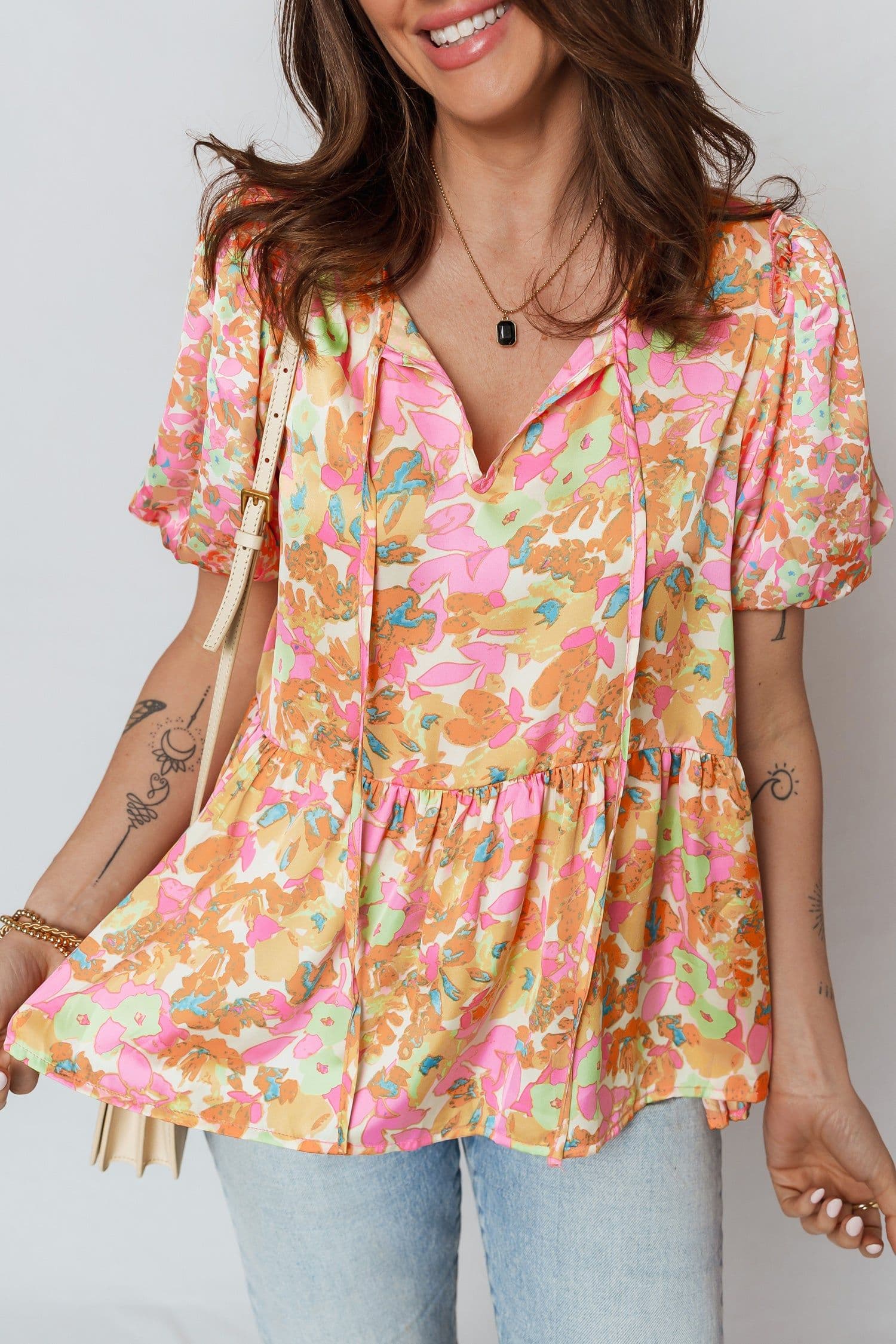 image-Orange Split V Neck Short Sleeve Flower Blouse