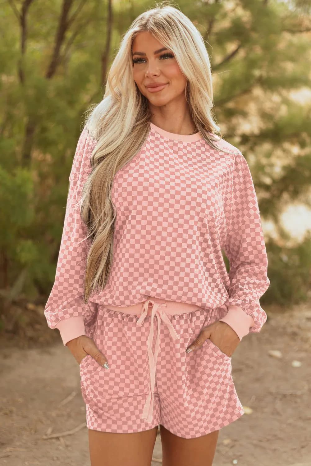 image-Pink Checkerboard Long Sleeve Pullover and Shorts Set