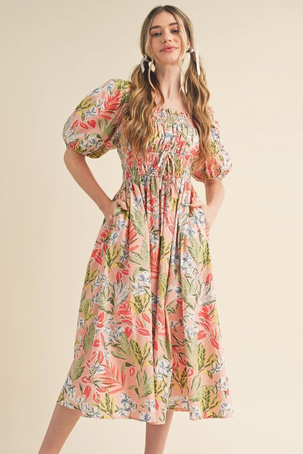image-Apricot Pink Floral Smocked Bust Bubble Short Sleeve Maxi Dress