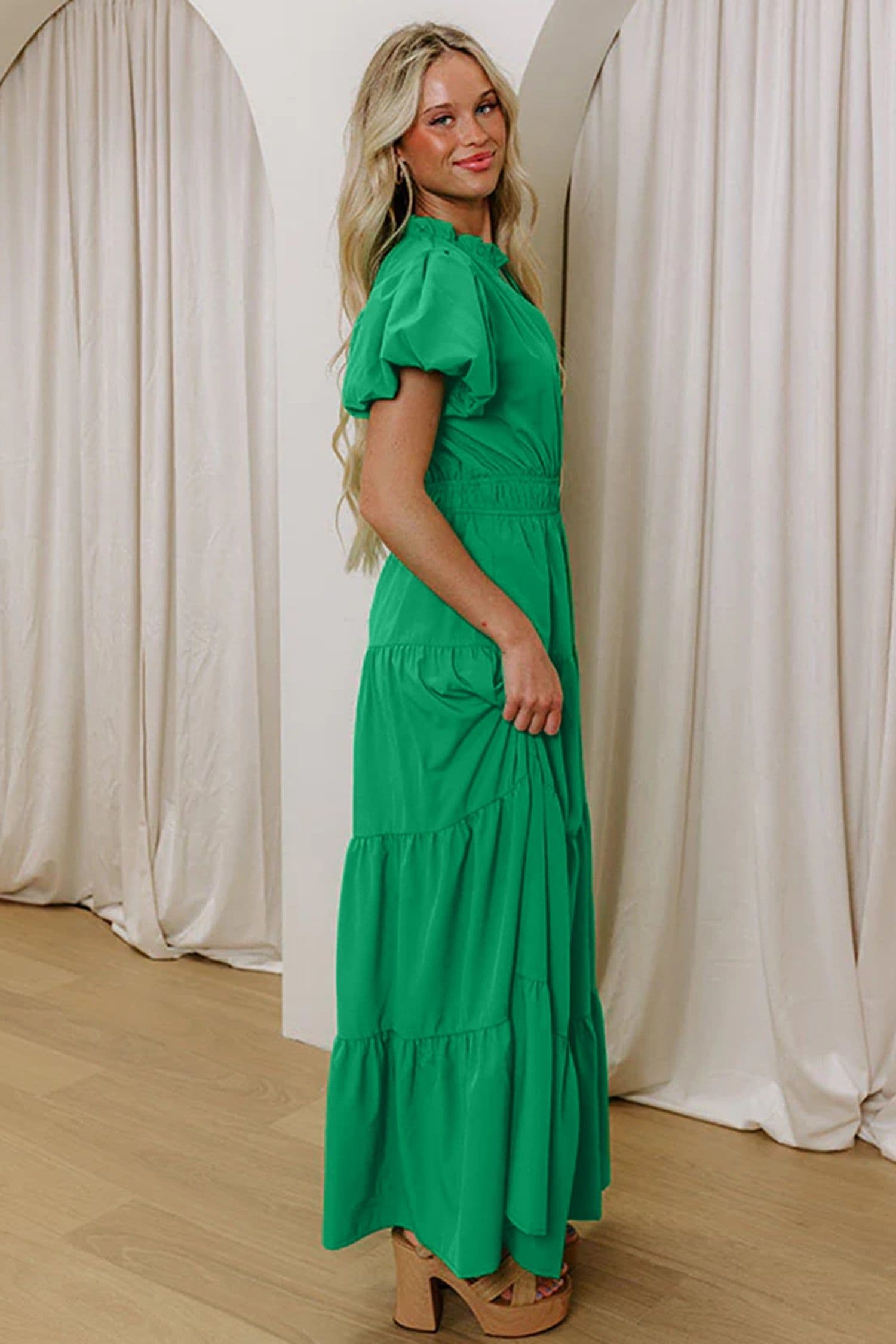image-Bright Green V Neck Puff Sleeve High Waist Tiered Maxi
