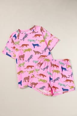 image-Pink Flower Print Short Sleeve High Waist Two Piece Shorts Set