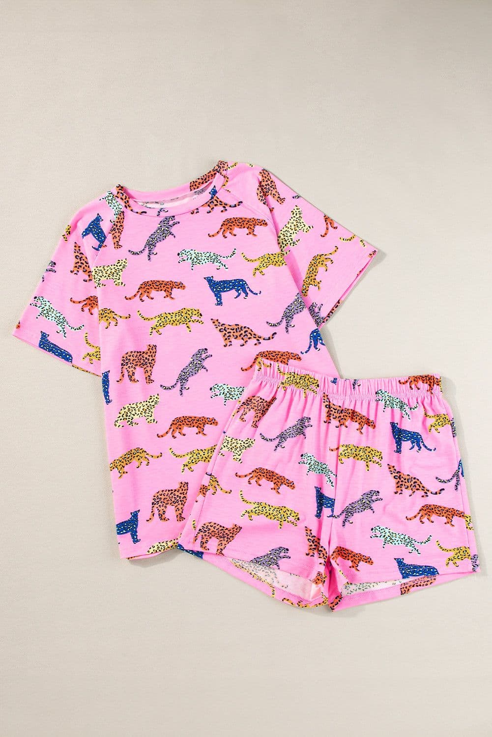 image-Pink Flower Print Short Sleeve High Waist Two Piece Shorts Set