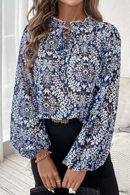 image-Tribal Print Lace-up Frilled Neck Puff Sleeve Blouse - Blue
