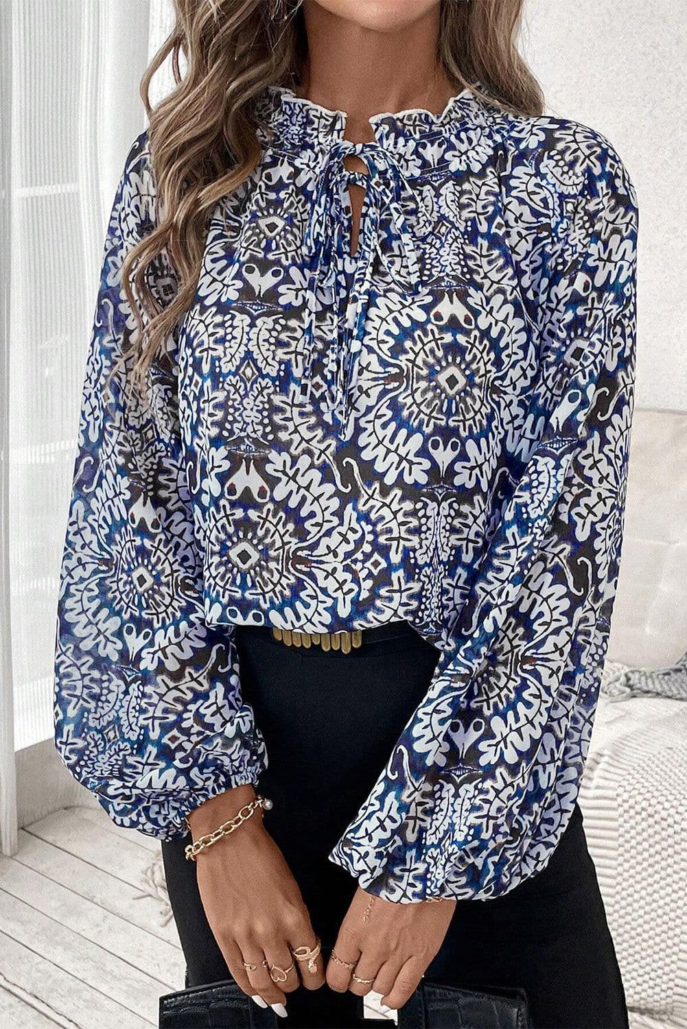 image-Tribal Print Lace-up Frilled Neck Puff Sleeve Blouse - Blue