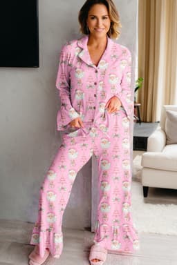 image-Pink Christmas Print Ruffled Ribbed Shirt & Pants 2 Piece PJ Set