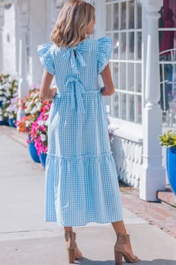 image-Sky Blue Gingham Maxi Dress - Ruffled Short Sleeve