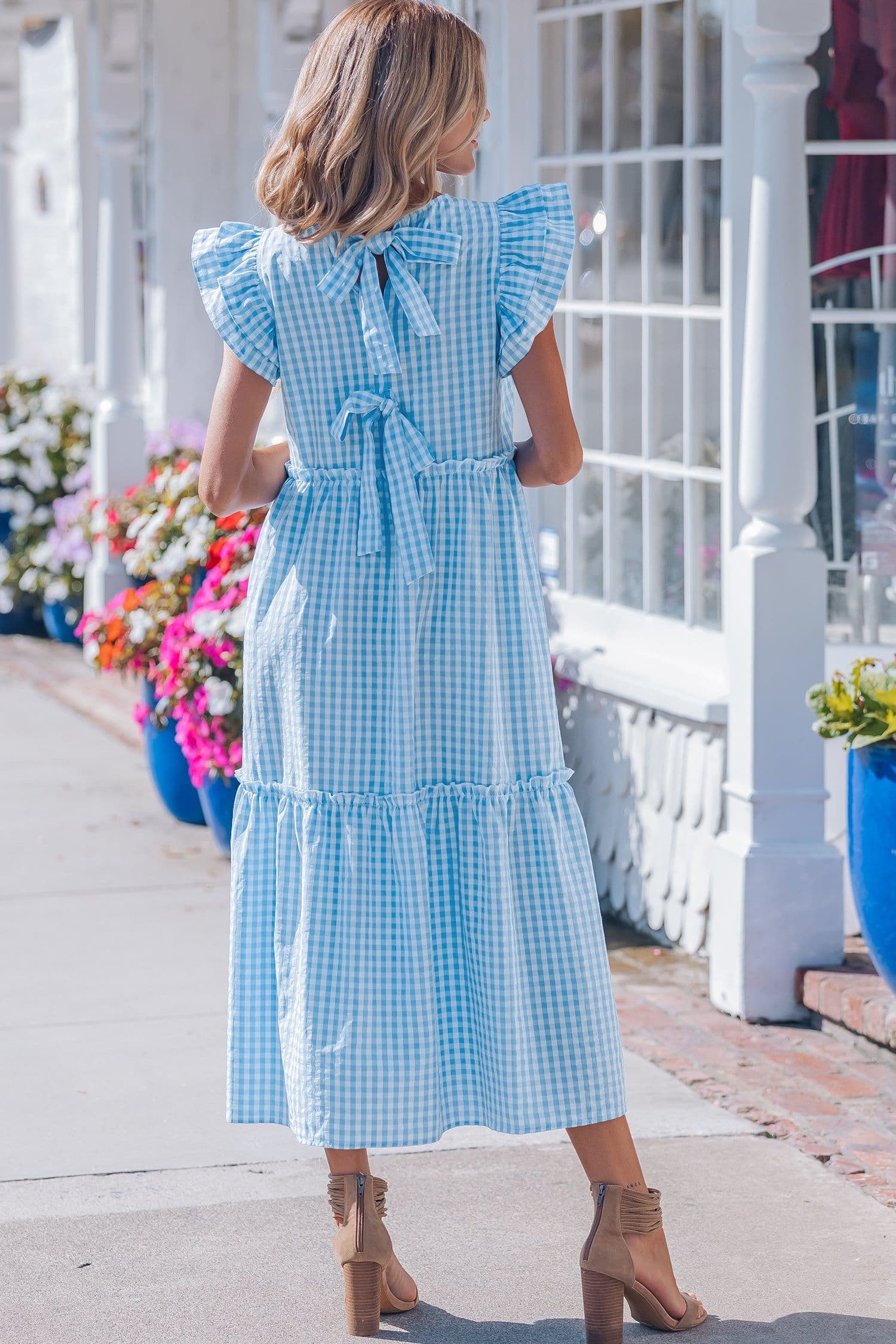 image-Sky Blue Gingham Maxi Dress - Ruffled Short Sleeve