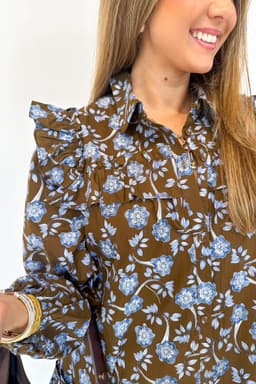 image-Brown Floral Print Ruffled Detail Shirt Collar Button Down Long Sleeve Dress