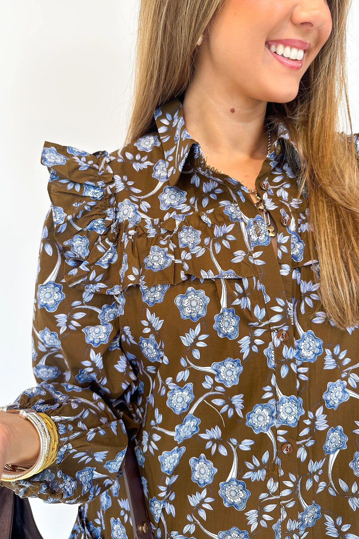 image-Brown Floral Print Ruffled Detail Shirt Collar Button Down Long Sleeve Dress