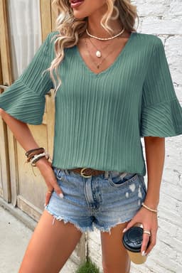 image-Peach Blossom Ruffled Half Sleeve V Neck Textured Top