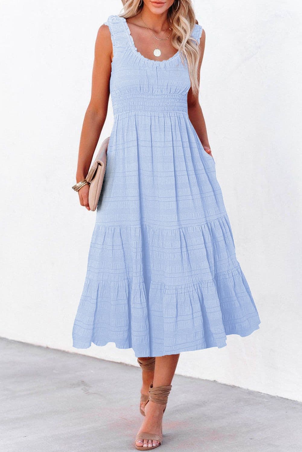 image-Rose Shirred Pleated Square Neck Sleeveless Midi Dress