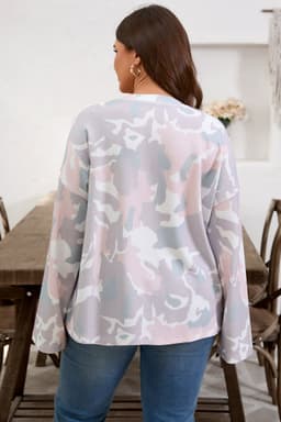 image-Green Plus Size Camouflage Print Drop Shoulder Pullover