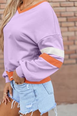image-Orchid Bouquet Contrast Rib Knit Patchwork Drop Shoulder V Neck Sweatshirt