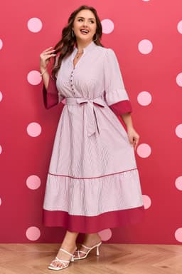 image-Red Stripe Plus Size Ruffled Hem Midi Dress