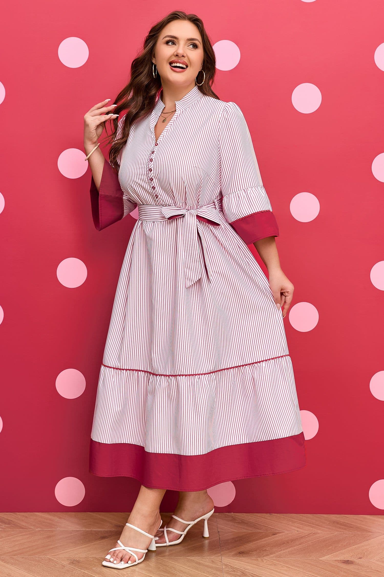 image-Red Stripe Plus Size Ruffled Hem Midi Dress