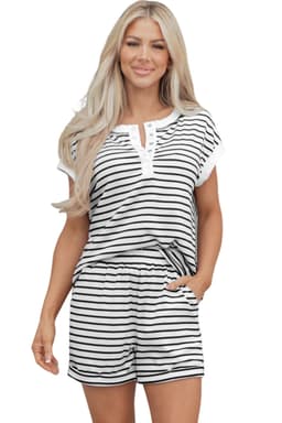 image-Black Stripe Half Buttons Top and Shorts Set