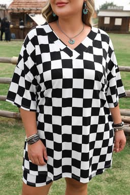 image-Plus Size Black Checkered Tee and Shorts Set - Two Piece