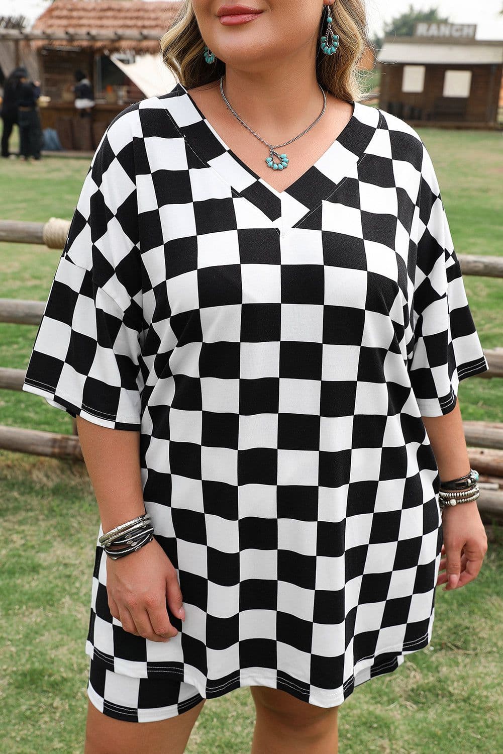 image-Plus Size Black Checkered Tee and Shorts Set - Two Piece