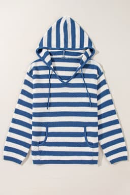 image-Blue Stripe V Neck Hooded Sweater with Pocket